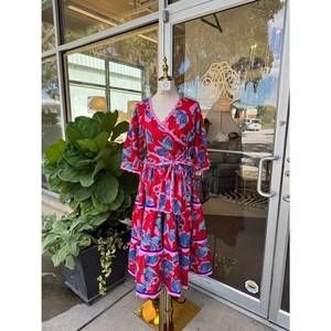 NEW FARYLINA camile long dress in red pink multi